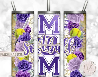 Floral Softball Mom 20oz Skinny Tumbler Wrap Sublimation Download • Purple Flowers Gold Splatter Sports Mom Gift • DIY Print and Press
