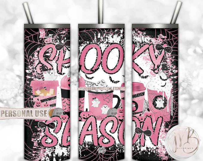 Halloween Coffee Cups Tumbler Wrap Download • "Spooky Season" Pink and Black • Sublimation Print and Press