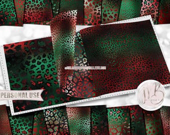 Christmas Leopard Scrapbook Paper Download • Red and Green Shimmering Foil Leopard Print Design • Printable Paper Crafts 20 12x12 JPG & PDF