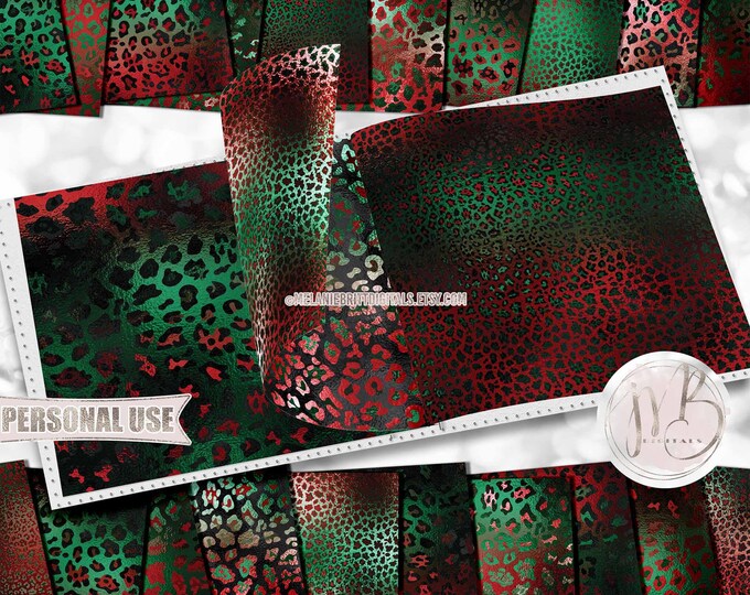 Christmas Leopard Scrapbook Paper Download • Red and Green Shimmering Foil Leopard Print Design • Printable Paper Crafts 20 12x12 JPG & PDF