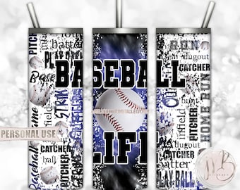 Baseball Life 20oz Skinny Tumbler Wrap Sublimation Download • Blue and Black Tie Dye Typography Baseball Gift • DIY Print and Press