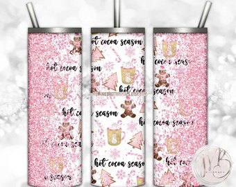 Pink Christmas Sublimation 20oz Skinny Tumbler Wrap PNG Download • Gingerbread Candy Canes Snowflakes Hot Cocoa Glitter • Seamless Design