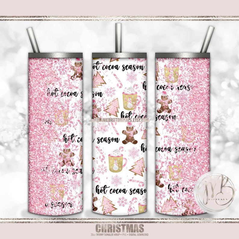 Pink Christmas Sublimation 20oz Skinny Tumbler Wrap PNG Download • Gingerbread Candy Canes Snowflakes Hot Cocoa Glitter • Seamless Design ©2014-current Melanie Britt Digitals™ All Rights Reserved.