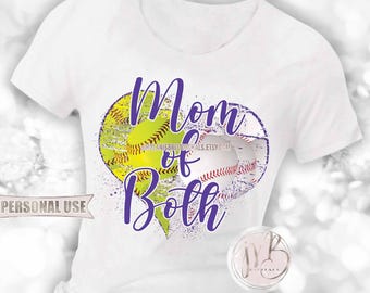 Purple Baseball and Softball Mom of Both Heart T-Shirt Sublimation Design Download • School Sports Ball Park Mom Gift • DIY Print and Press