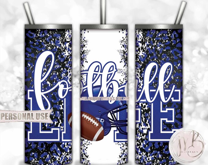 Royal Blue Football Life 20oz Skinny Tumbler Wrap Sublimation Design • Football Helmet Leopard Print School Sports Gift • DIY Print & Press