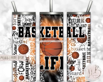 Basketball Life 20oz Skinny Tumbler Wrap Sublimation Design • Orange and Black Tie Dye Typography Design Basketball Gift • DIY Print & Press