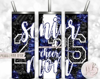 Blue Cheer Senior 2026 Mom 20oz Skinny Tumbler Wrap Sublimation Download • Pom Pom Megaphone Collage Cheer Mom Gift • DIY Print and Press