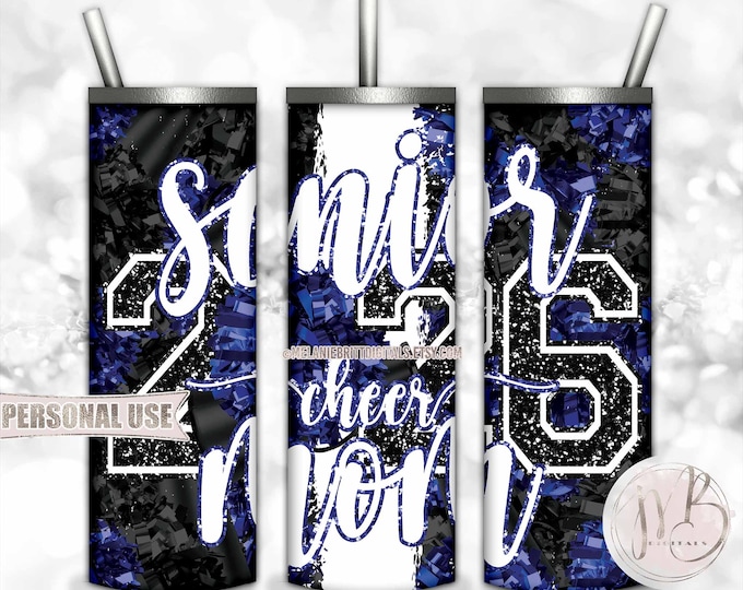 Blue Cheer Senior 2026 Mom 20oz Skinny Tumbler Wrap Sublimation Download • Pom Pom Megaphone Collage Cheer Mom Gift • DIY Print and Press