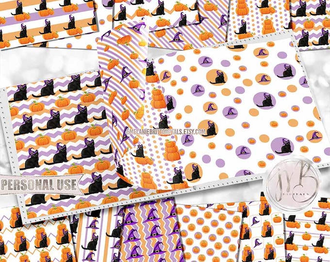 Halloween Kitty Scrapbook Paper Download • Orange and Purple Cute Black Cat Pumpkin Witch hat • Scrapbooking Printable