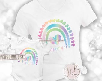 Iridescent Mama and Mini Rainbow T-Shirt Set Sublimation Download • Boho Rainbow with Hearts New Mom Baby Shower Gift • DIY Print and Press