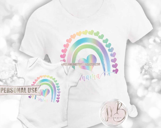 Iridescent Mama and Mini Rainbow T-Shirt Set Sublimation Download • Boho Rainbow with Hearts New Mom Baby Shower Gift • DIY Print and Press