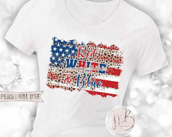 Patriotic T-Shirt Sublimation Design Download • Classic Leopard Print American Flag July 4th Party Red White Blue • DIY Print and Press
