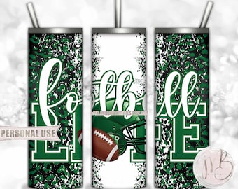 Green Football Life 20oz Skinny Tumbler Wrap Sublimation Design • Football Helmet Leopard Print School Sports Gift • DIY Print & Press