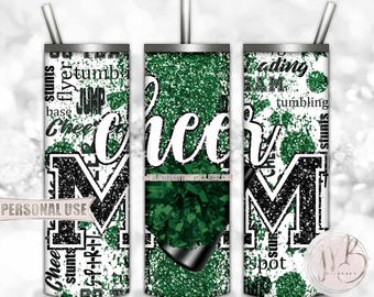 Green Cheer Mom Glitter 20oz Skinny Tumbler Wrap Sublimation Design Download • Typography Pom Megaphone Cheer Mom Gift • DIY Print & Press