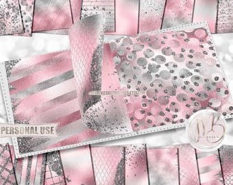 Pink and Silver Glam Scrapbook Paper Download • Sparkling Glitter and Shimmering Foil Design • Printable Paper Crafts 20 12x12 JPG & PDF