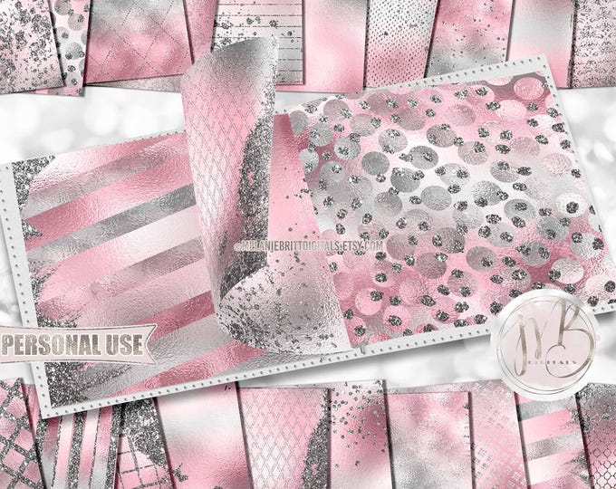 Pink and Silver Glam Scrapbook Paper Download • Sparkling Glitter and Shimmering Foil Design • Printable Paper Crafts 20 12x12 JPG & PDF
