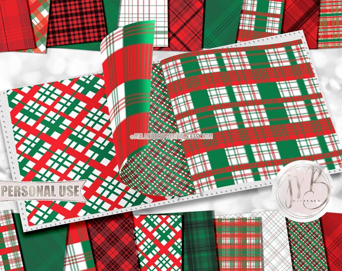 Christmas Plaid Scrapbook Paper Download • Red and Green Holiday Plaid Designs Tartan Gingham • Printable Paper Crafts 20 12x12 JPG & PDF