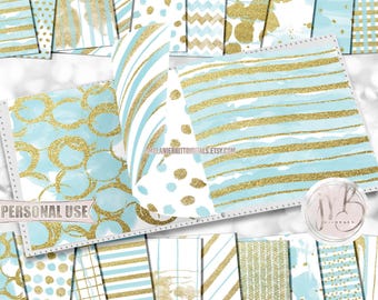 Light Blue Glam Watercolor Scrapbook Paper Download • Gold Glitter Patterned Paint Design • DIY Printable Paper Crafts 20 12x12 JPG & PDF