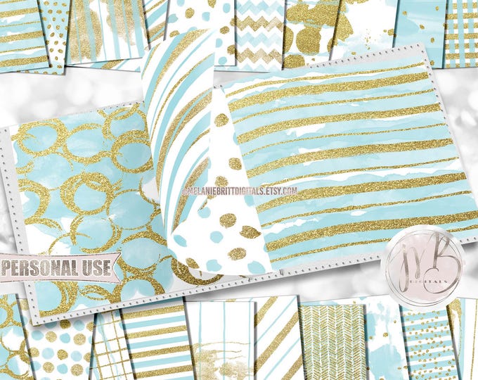 Light Blue Glam Watercolor Scrapbook Paper Download • Gold Glitter Patterned Paint Design • DIY Printable Paper Crafts 20 12x12 JPG & PDF