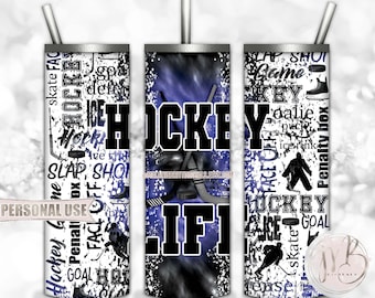 Hockey Life 20oz Skinny Tumbler Wrap Sublimation Design • Blue and Black Tie Dye Typography Hockey Gift • DIY Print and Press