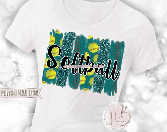 Teal Softball T-Shirt Sublimation Design Download • Glitter Sport Brush Strokes School Softball Shirt Gift • DIY Print and Press