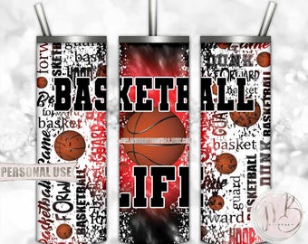 Basketball Life 20oz Skinny Tumbler Wrap Sublimation Design • Red and Black Tie Dye Typography Design Basketball Gift • DIY Print and Press