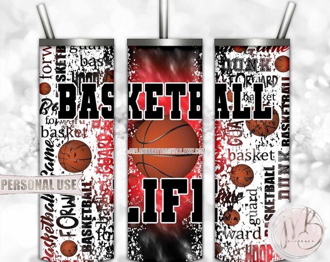 Basketball Life 20oz Skinny Tumbler Wrap Sublimation Design • Red and Black Tie Dye Typography Design Basketball Gift • DIY Print and Press
