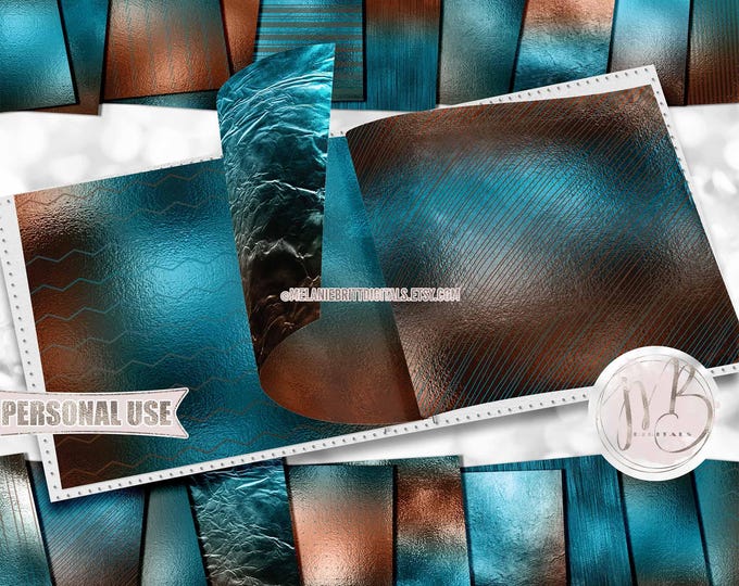 Bronze Turquoise Shimmer Scrapbook Paper Download • Ombre Shimmering Foil Design • DIY Printable Paper Crafts 20 12x12 JPG & PDF