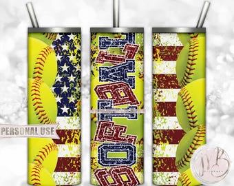 Patriotic Softball 20oz Skinny Tumbler Wrap Sublimation Design Download • Distressed Softball Collage and USA Flag • DIY Print and Press