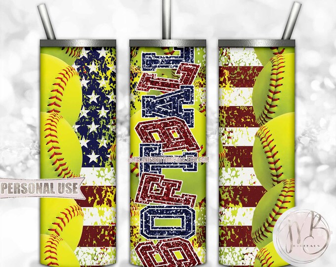 Patriotic Softball 20oz Skinny Tumbler Wrap Sublimation Design Download • Distressed Softball Collage and USA Flag • DIY Print and Press