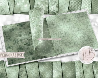 Smoke Green Floral Scrapbook Paper Download • Elegant Flowers Shimmering Foil Design • Printable Paper Crafts 20 12x12 JPG & PDF