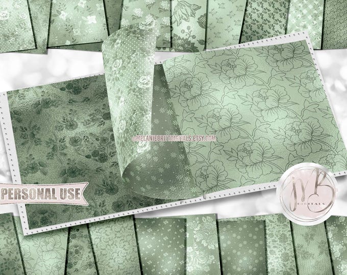 Smoke Green Floral Scrapbook Paper Download • Elegant Flowers Shimmering Foil Design • Printable Paper Crafts 20 12x12 JPG & PDF