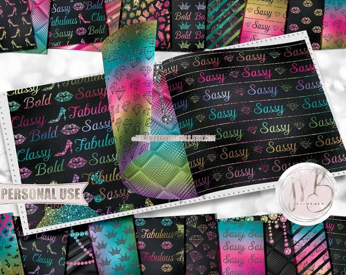 Rainbow Sassy Scrapbook Paper Download • Diamond Bling Lips Heels Girly Glitter and Foil • DIY Printable Paper Crafts 20 12x12 JPG & PDF