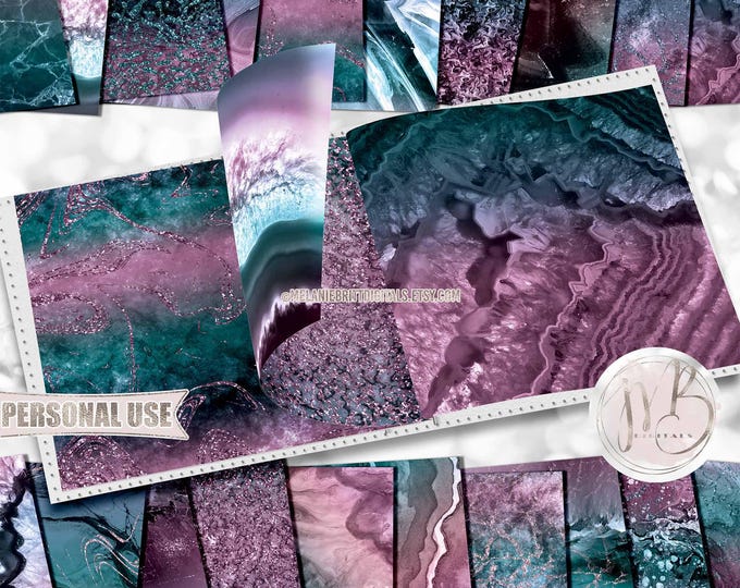 Pink Teal and Blue Agate and Marble Scrapbook Paper Download • Realistic Geode Stone Vein Design • Printable Paper Crafts 20 12x12 JPG & PDF