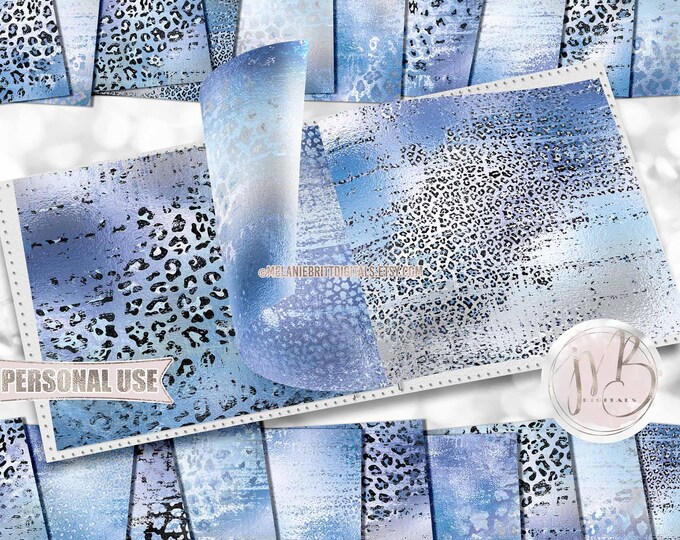 Winter Blues Distressed Leopard Scrapbook Paper Download • Sparkling Glitter Shimmering Foil • DIY Printable Paper Crafts 20 12x12 JPG & PDF