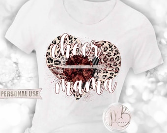 Maroon Cheer Mama Heart T-Shirt Sublimation Design Download • Maroon Pom Pom Black Megaphone Classic Leopard Print • DIY Print and Press