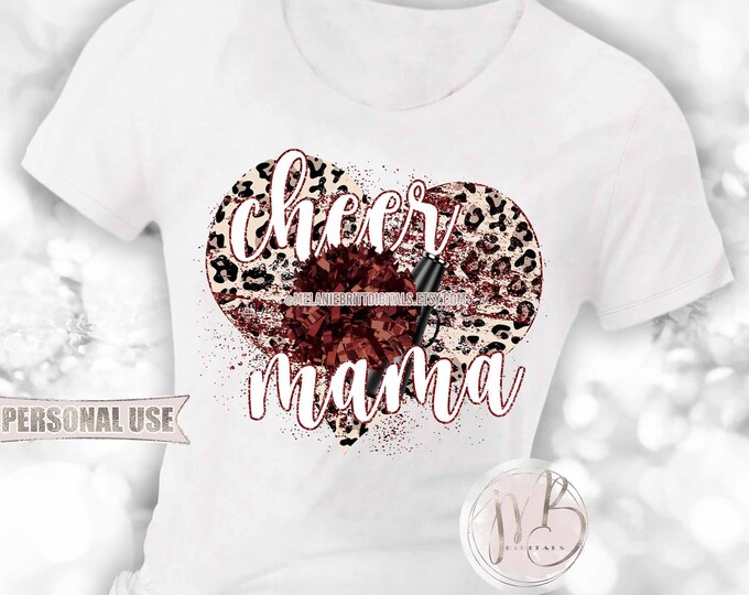 Maroon Cheer Mama Heart T-Shirt Sublimation Design Download • Maroon Pom Pom Black Megaphone Classic Leopard Print • DIY Print and Press