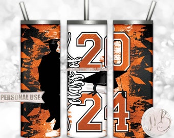 Orange Class Of 2024 Graduation 20oz Skinny Tumbler Wrap Sublimation PNG Download • Boy Graduate Graduation Cap Diploma • Seamless Design