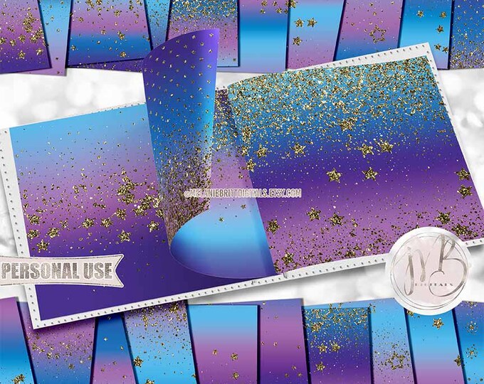Galaxy Stardust Scrapbook Paper Download • Ombre Purple and Blue with Gold Sparkling Glitter Stars • Scrapbooking Printable