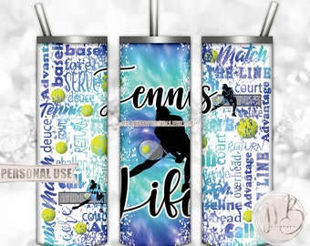 Tennis Life 20oz Skinny Tumbler Wrap Sublimation Design Download • Turquoise Tie Dye Scattered Tennis balls Sports • Sublimation Crafts