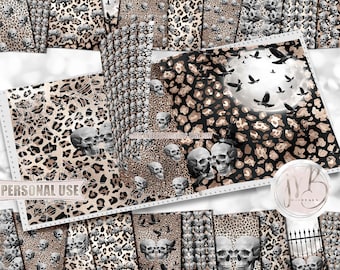 Gothic Skulls and Leopard Print Scrapbook Paper Download • Full Moon Cobweb Spiders Halloween • Printable Paper Crafts 20 12x12 JPG & PDF