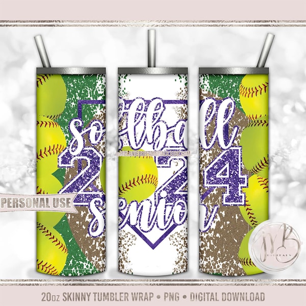 Purple Glitter Softball Senior 2024 20oz Skinny Tumbler Wrap Sublimation Design Download • Varsity Softball Graduate • Sublimation Crafts