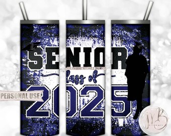 Girl Blue Graduation Senior 2025 20oz Skinny Tumbler Wrap Sublimation Design • Graduate Gift Graduation Cap Glitter • DIY Print and Press