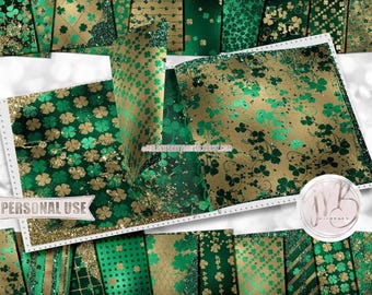 St Patrick’s Day Glam Scrapbook Paper Download • Green and Gold Shamrocks Clovers Glitter Foil • Printable Paper Crafts 20 12x12 JPG & PDF