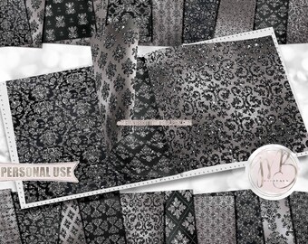 Black and Silver Damask Scrapbook Paper Download • Victorian Damask Glitter and Foil Design • DIY Printable Paper Crafts 20 12x12 JPG & PDF