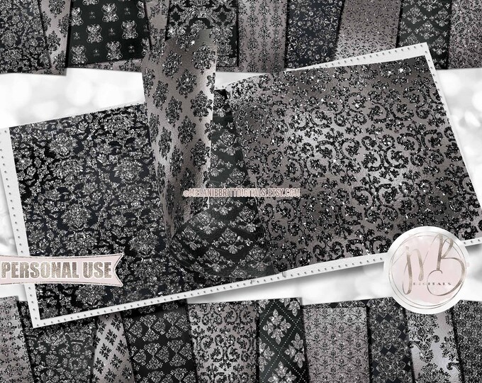 Black and Silver Damask Scrapbook Paper Download • Victorian Damask Glitter and Foil Design • DIY Printable Paper Crafts 20 12x12 JPG & PDF