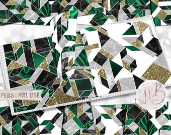 Emerald Green Modern Scrapbook Paper Download • Geometric Tiled Design Marble Silk Glitter Foil • Printable Paper Crafts 12 12x12 JPG & PDF