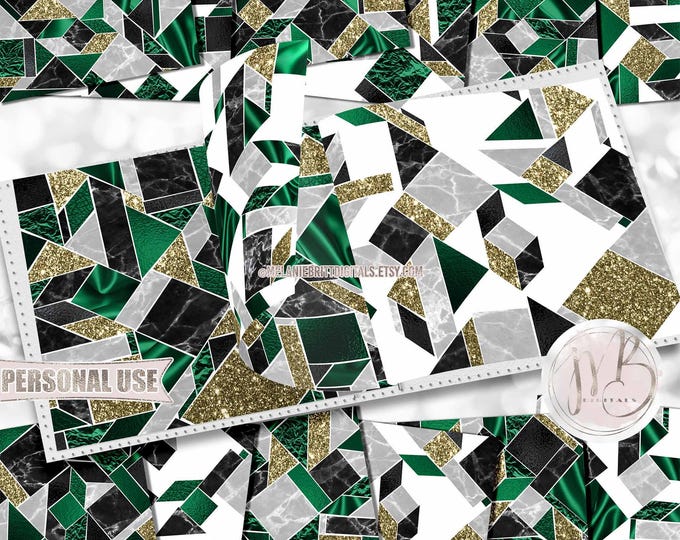 Emerald Green Modern Scrapbook Paper Download • Geometric Tiled Design Marble Silk Glitter Foil • Printable Paper Crafts 12 12x12 JPG & PDF