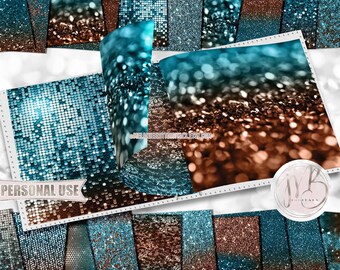 Bronze Turquoise Glitzy Scrapbook Paper Download • Sparkling Glitter Shiny Bokeh Sequins Mosaic • Printable Paper Crafts 20 12x12 JPG & PDF
