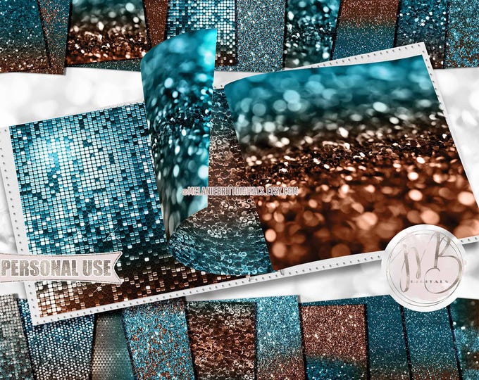 Bronze Turquoise Glitzy Scrapbook Paper Download • Sparkling Glitter Shiny Bokeh Sequins Mosaic • Printable Paper Crafts 20 12x12 JPG & PDF